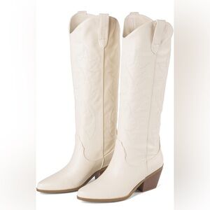 ZXHYZLZ Cream Cowboy Boots For Women -Wide Calf Knee High Cowgirl